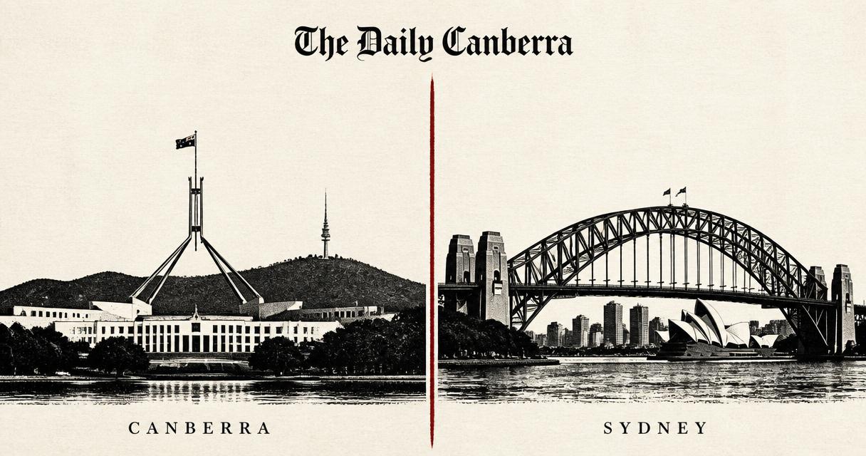 Editorial split illustration: Birmingham on the left and Sydney on the right